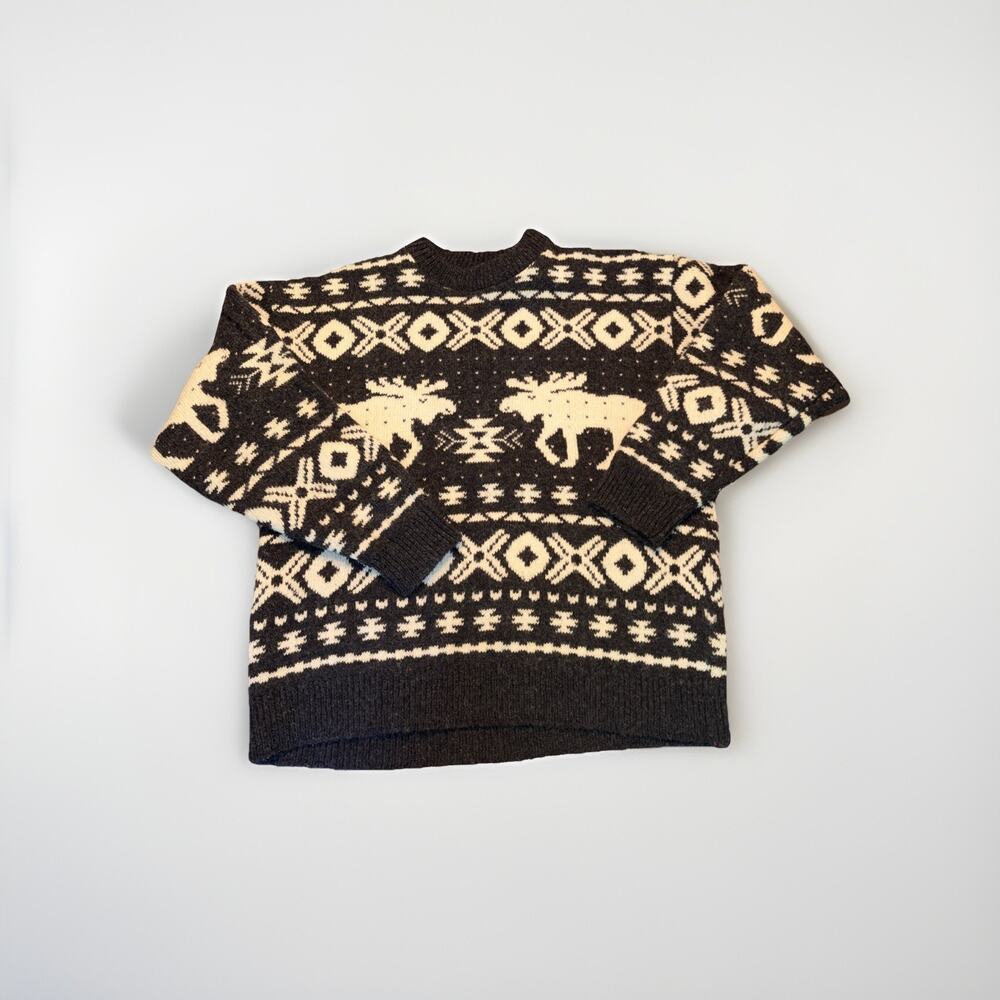 Vintage Alps Gray WINTER Knit MOOSE Tree Wool Blend Fair Isle NORDIC Sweater L